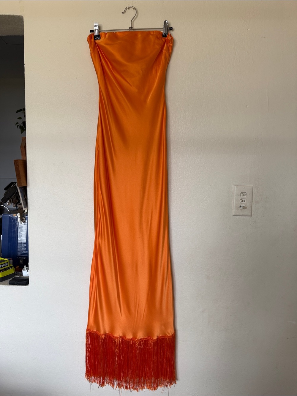 Delfi Satin Orange Fringe Strapless Maxi Dress Size Small